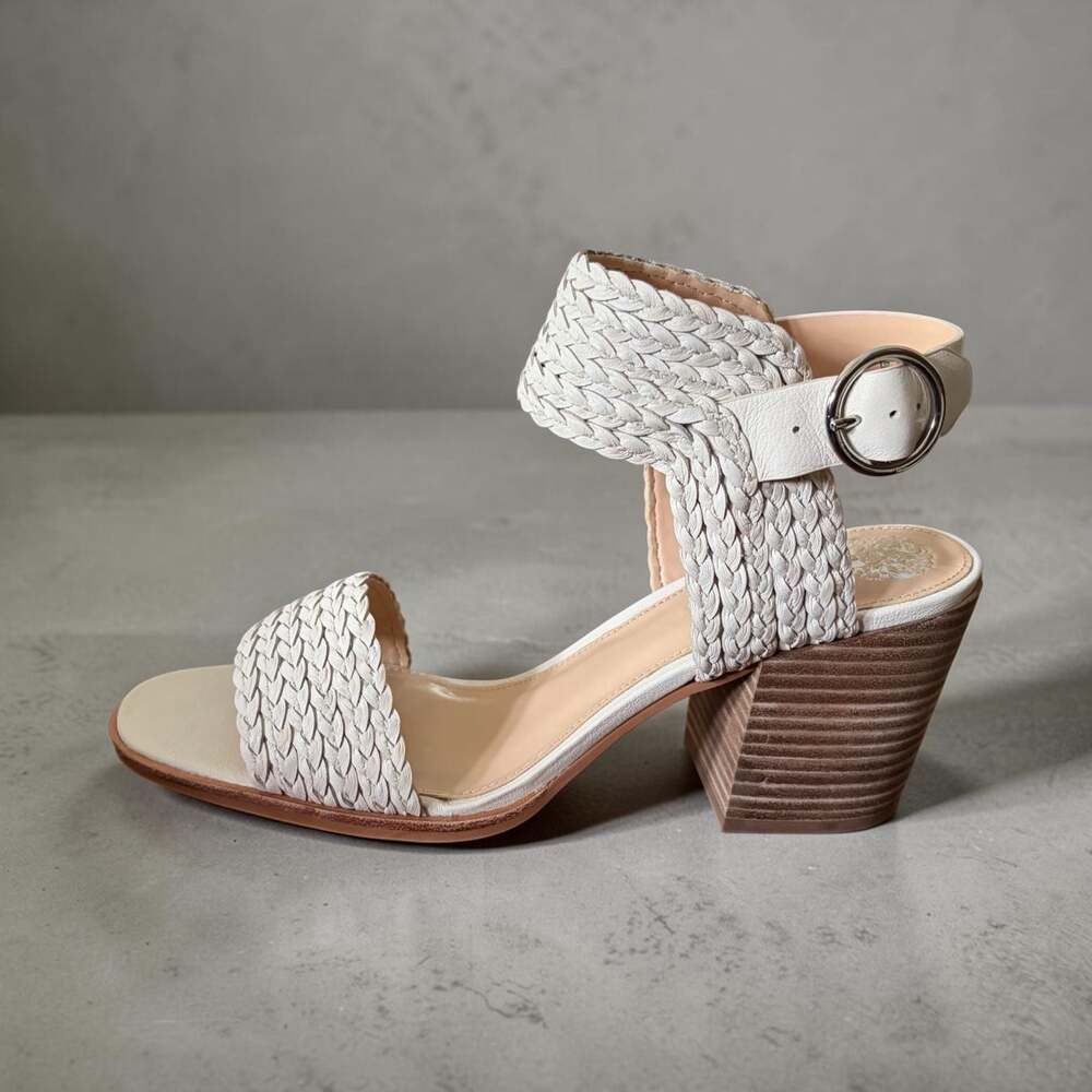 New Vince Camuto Kolema Woven Block Heel Ankle Strap Sandals Cream Size 9.5M